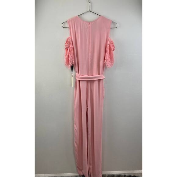 NWT Pinko Pink Short Lace Sleeve Cold Shoulder V-Neck Tie Waist Jumpsuit Sz 8 - Picture 5 of 8